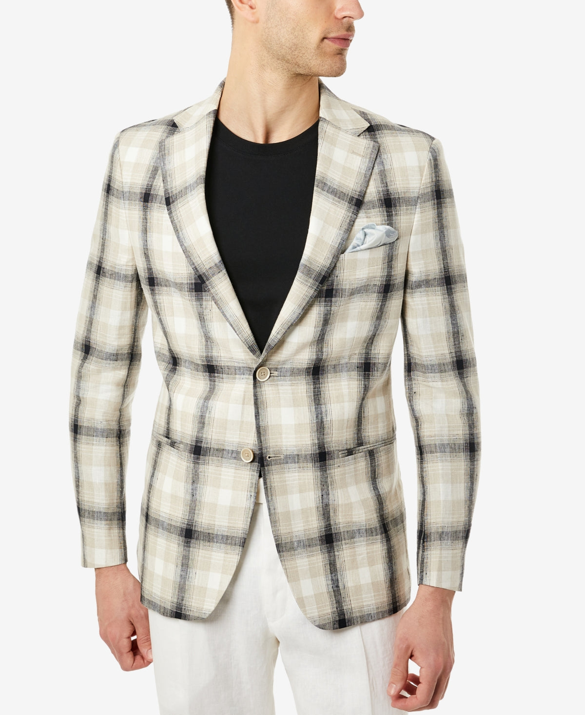 Tallia Men's Slim Fit Plaid Linen Blazer Beige Size 38