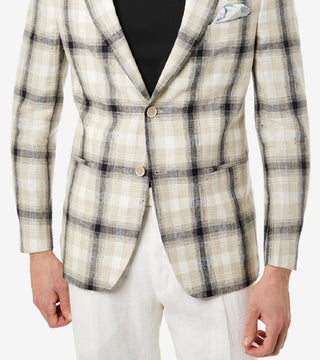 Tallia Men's Slim Fit Cream & Black Plaid Linen Blazer Black Size 44