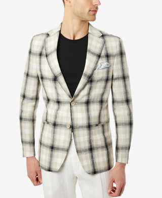 Tallia Men's Slim Fit Cream & Black Plaid Linen Blazer Black Size 44