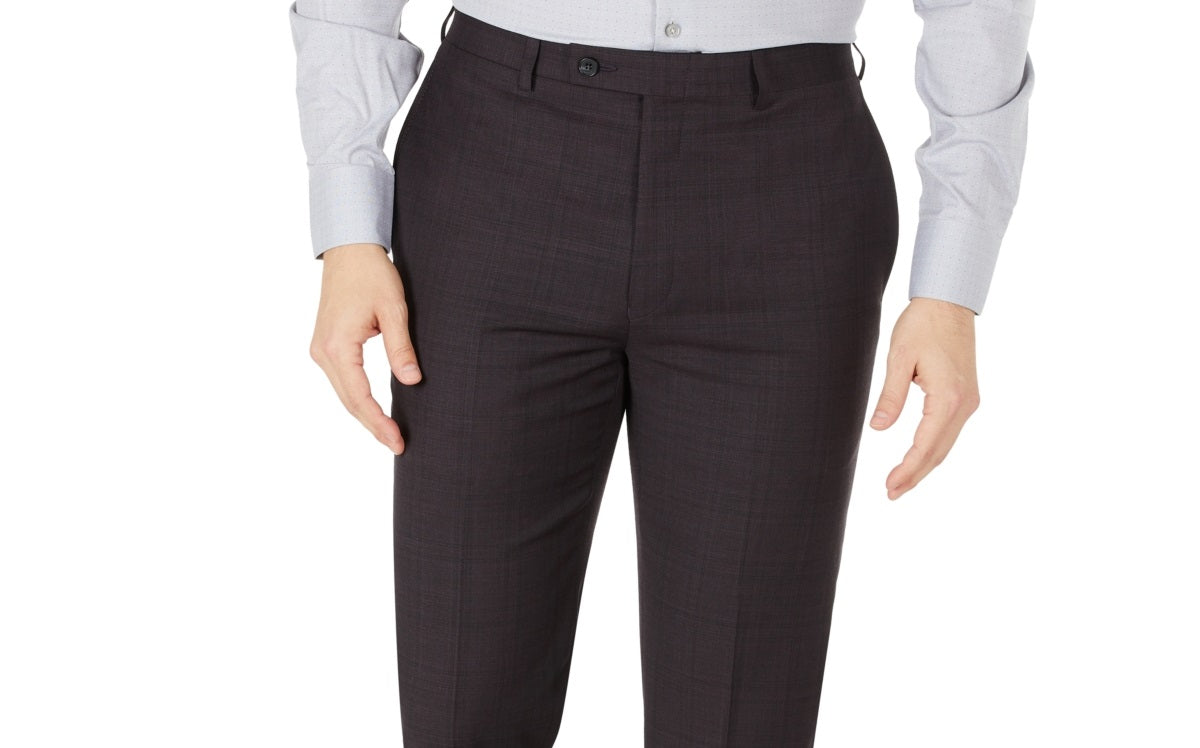 Calvin Klein Men's Skinny Fit Tonal Plaid Wool Dress Pants Brown Size 32X34