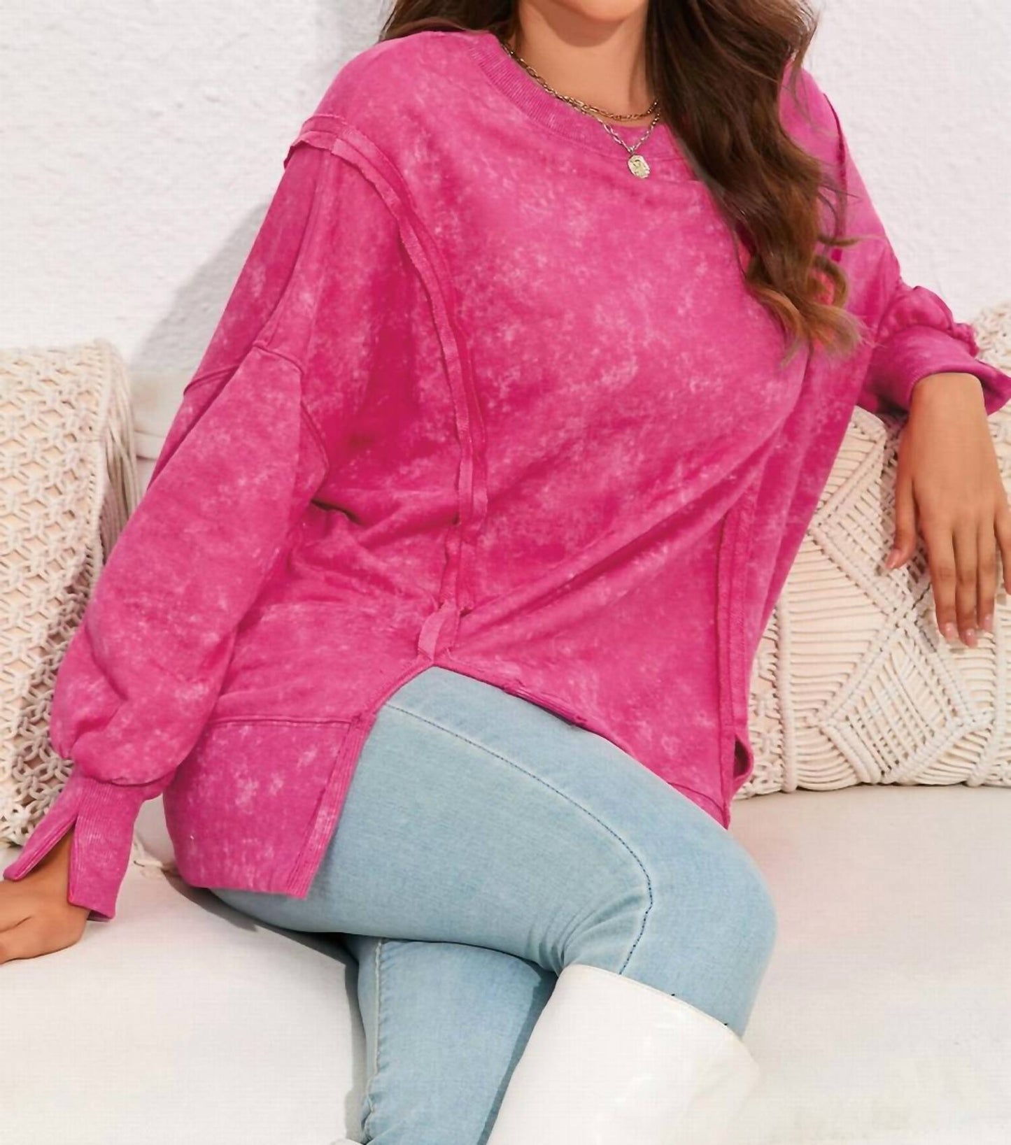 Shiying Fashion - Acid Wash Relaxed Fit Seamed Pullover Sweatshirt with Slits