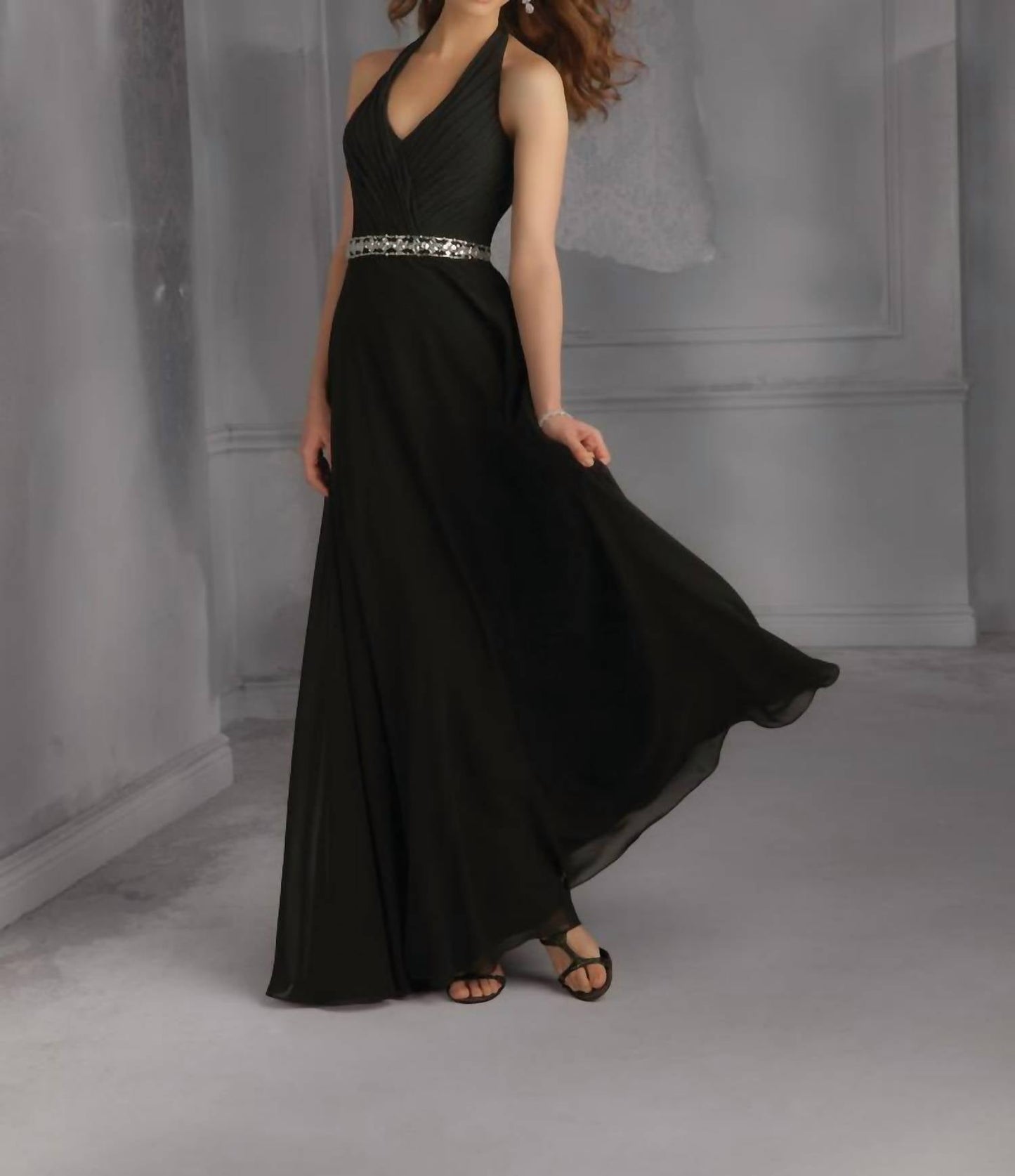Morilee - Halter Chiffon Dress With Removable Beaded Sash