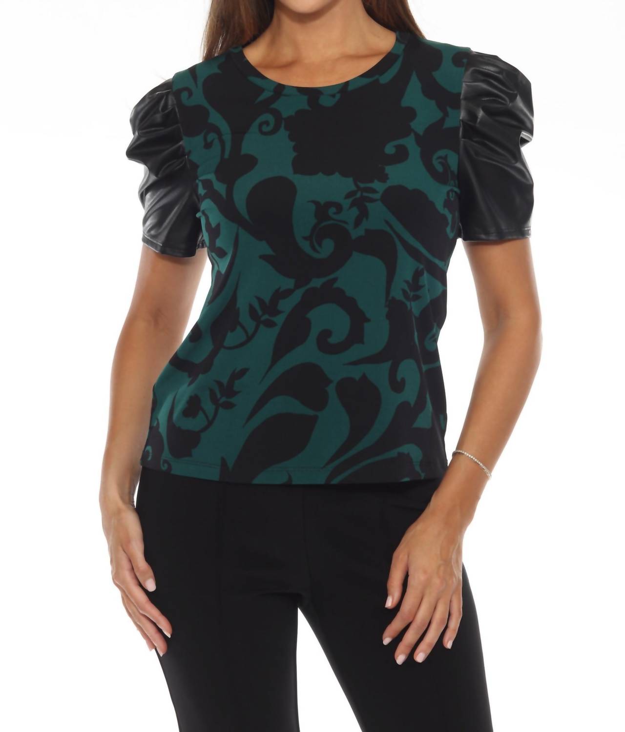 Joseph Ribkoff - Absolute Paisley Faux Leather Puff Sleeve Top