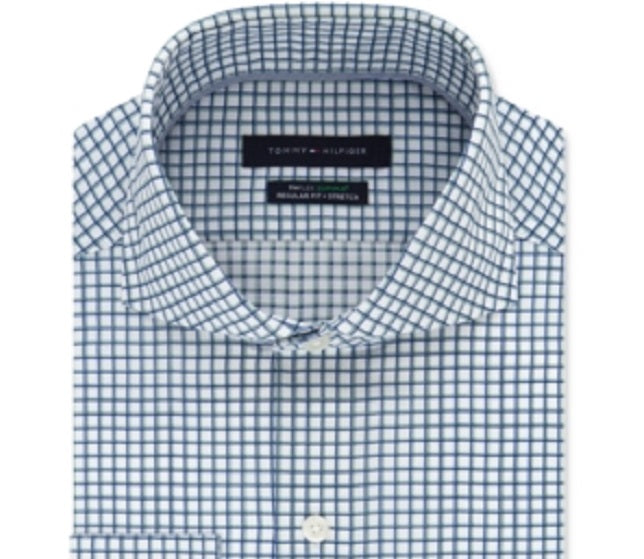 Tommy Hilfiger Men's Classic Fit Non Iron Thflex Supima Stretch Check Dress Shirt Green Size 18 X36-37