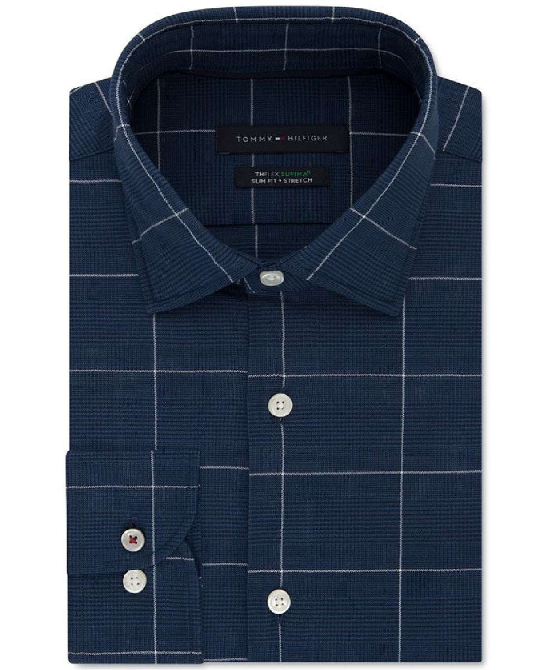 Tommy Hilfiger Men's Slim Fit Non Iron Thflex Stretch Windowpane Check Dress Shirt Blue Size 16.5X32X33