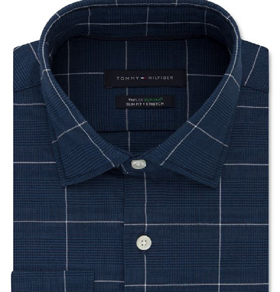 Tommy Hilfiger Men's Slim Fit Non Iron Thflex Stretch Windowpane Check Dress Shirt Blue Size 16.5X32X33