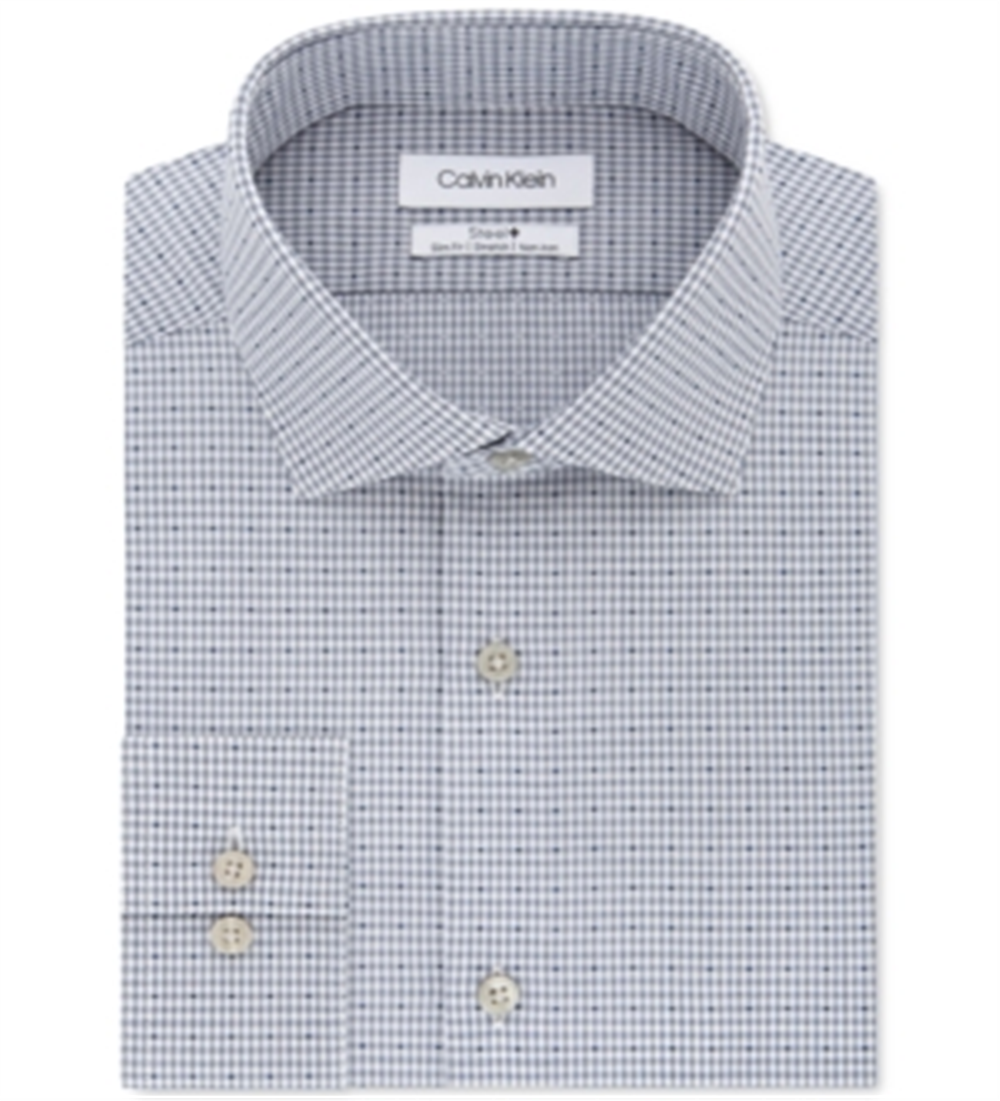 Calvin Klein Men's Slim Fit Non Iron Stretch Check Dress Shirt Blue Size 15X34X35