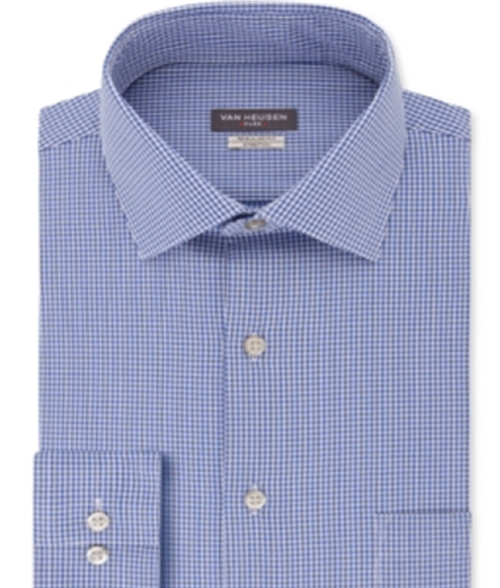 Van Heusen Men's Classic Regular Fit Flex Collar Stretch Check Dress Shirt Blue Size 16.5X36X37