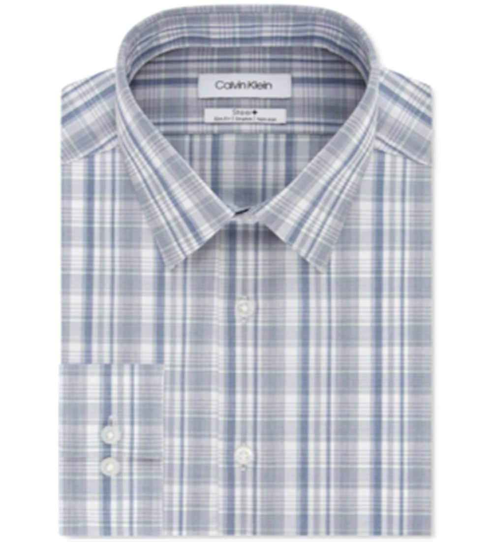 Calvin Klein Men's Steel+ Slim-Fit Non-Iron Performance Multi-Check Dress Shirt Green Size 15X34-35