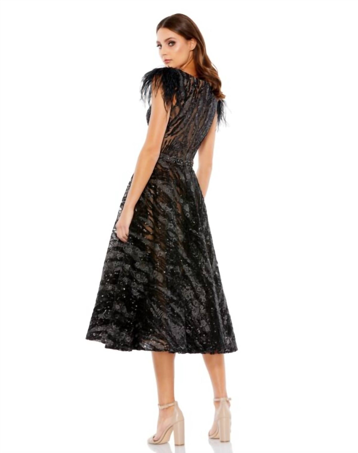 Mac Duggal - Feather Cap Sleeve Midi Formal Dress