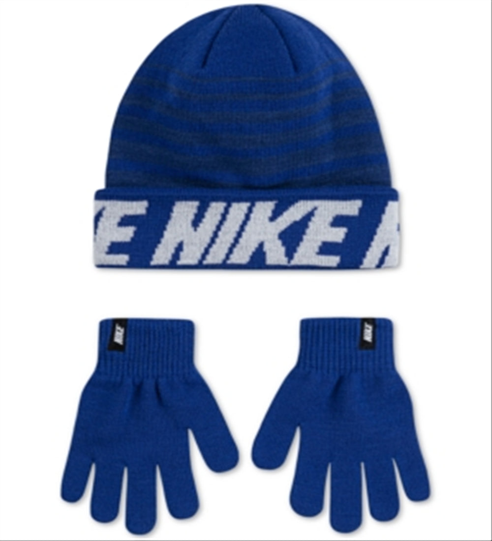 Nike Big Boy's 2 Pc Repeat Stripe Beanie & Gloves Set Blue One Size