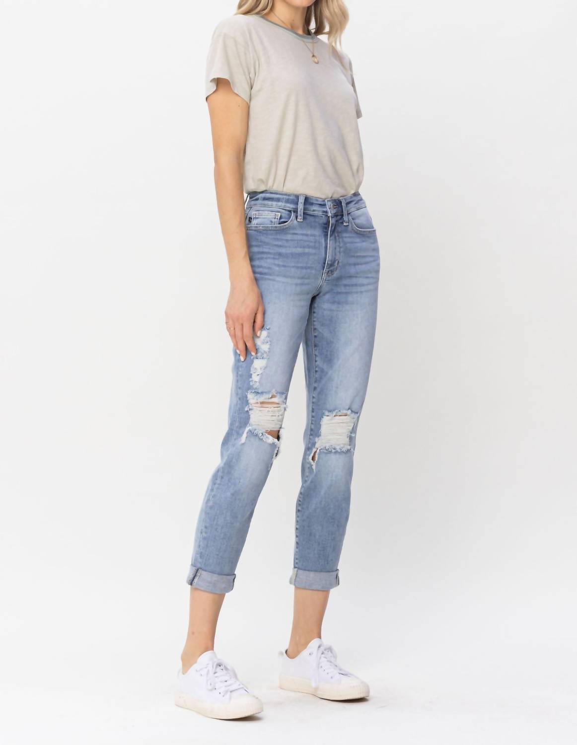 Judy Blue - Mid Rise Double Cuff Destroyed Boyfriend Denim Jeans