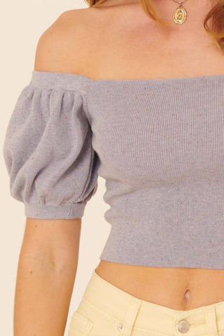 Promesa - Speckled Rib Knit Off Shoulder Puff Crop Sweater