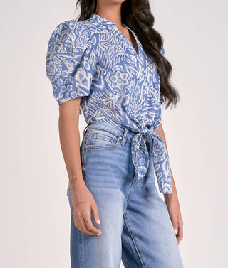 Elan - Short Sleeve Puff Sleeve Tie-front Top