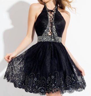 Rachel Allan - Lace Open Back Short Prom Dress