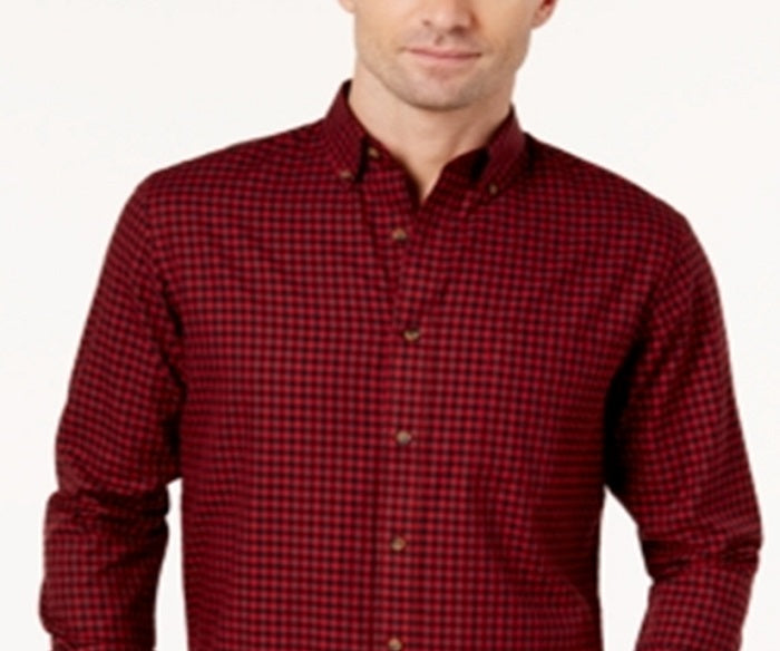 Club Room Men's Checkered Printed Dress Shirt Red Size Medium