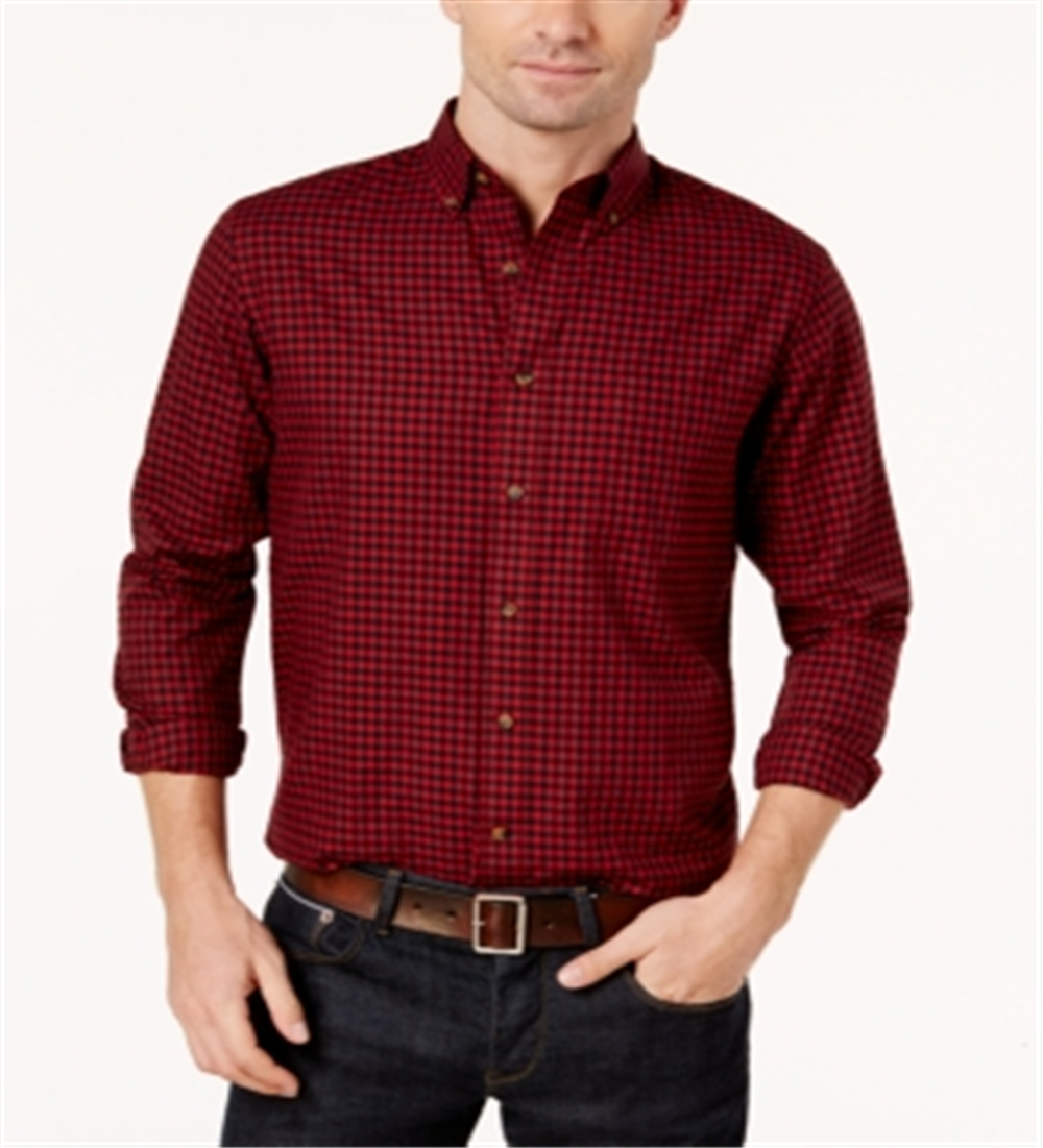 Club Room Men's Checkered Printed Dress Shirt Red Size Medium