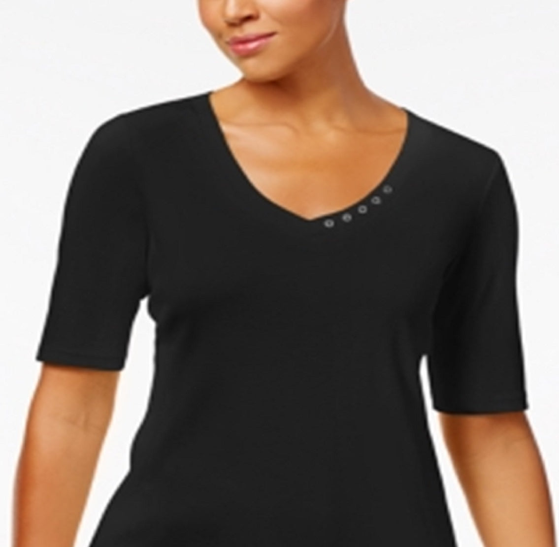 Karen Scott Women's Elbow Sleeve Cotton Top Black Size Medium