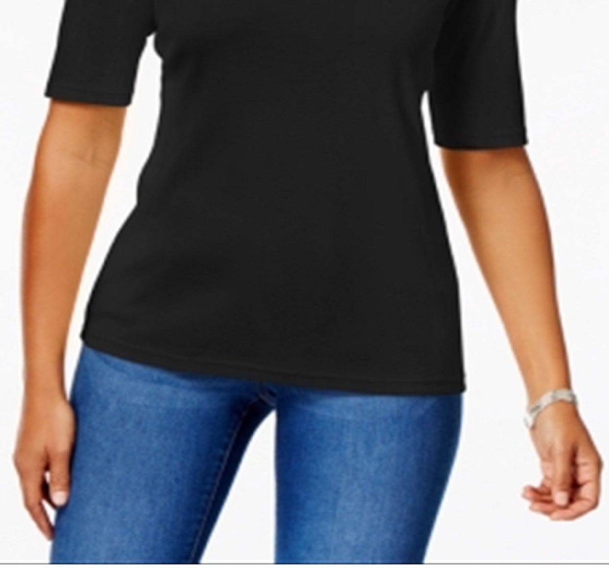 Karen Scott Women's Elbow Sleeve Cotton Top Black Size Medium