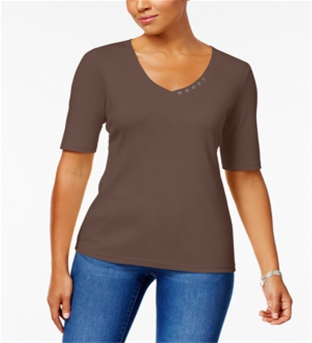 Karen Scott Women's Elbow Sleeve Cotton Top Brown Size Medium