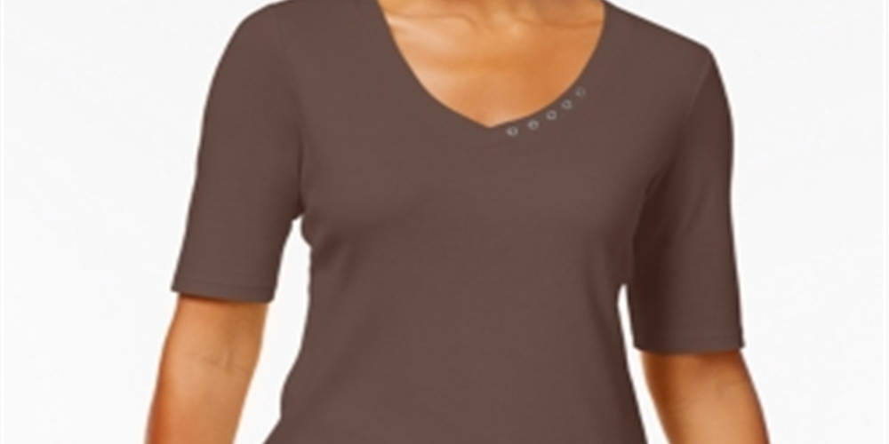 Karen Scott Women's Elbow Sleeve Cotton Top Brown Size Medium