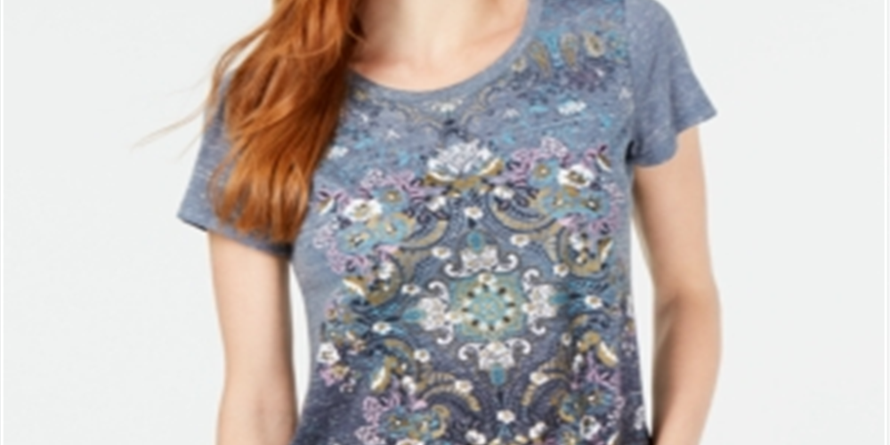 Style & Co Women's Embellished Handkerchief Hem T-Shirt Gray Size Petite Small