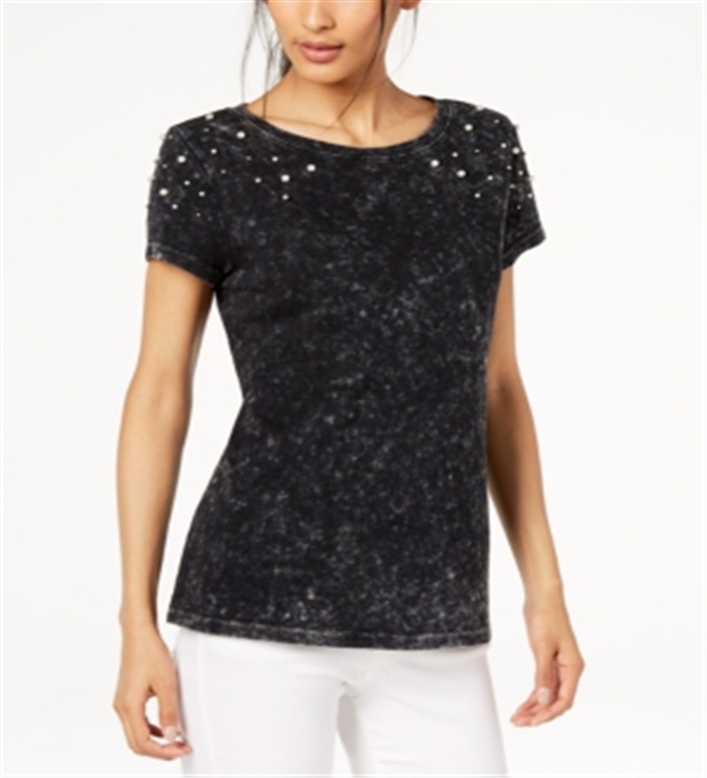 INC International Concepts Women's Cotton Faux Pearl-Embellished T-Shirt Black Size Small