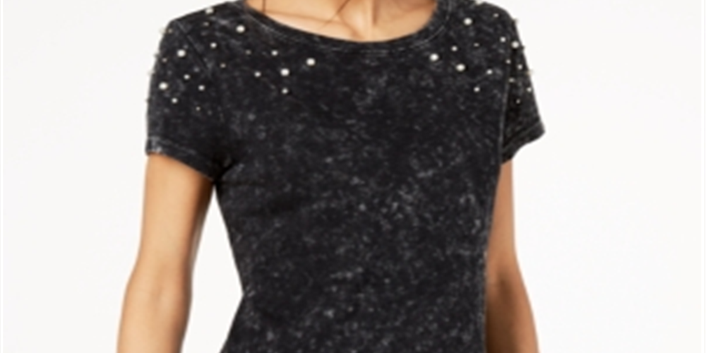 INC International Concepts Women's Cotton Faux Pearl-Embellished T-Shirt Black Size Small