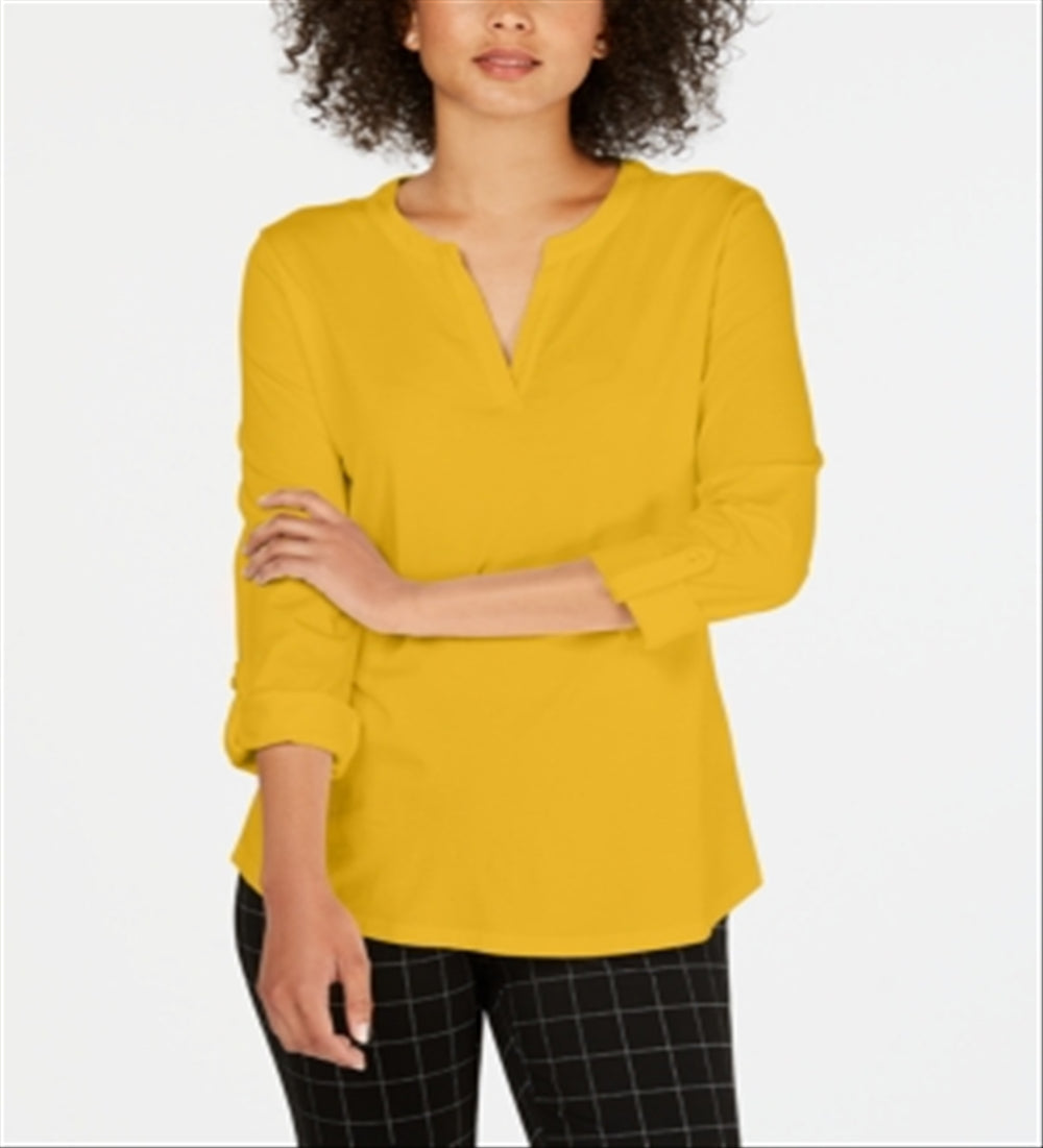 Charter Club Women's Supima Cotton Split Neck Top Yellow Size Small