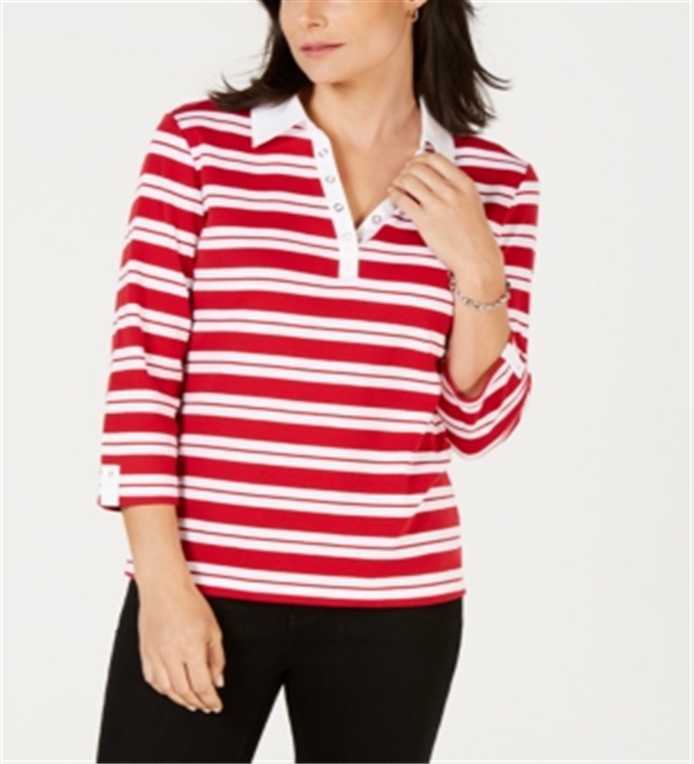 Karen Scott Women's Striped Split Neck Grommet Trim Top Red Size Large
