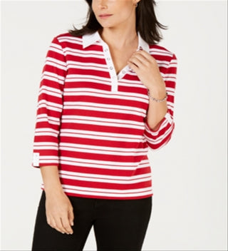 Karen Scott Women's Striped Split Neck Grommet Trim Top Red Size Large