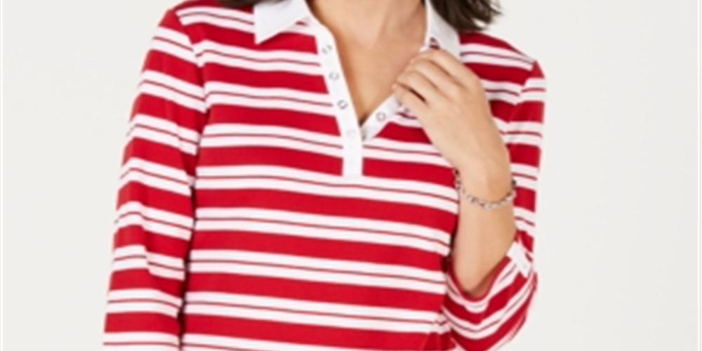Karen Scott Women's Striped Split Neck Grommet Trim Top Red Size Large