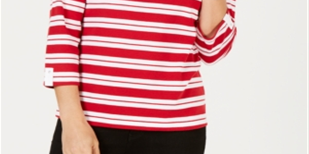 Karen Scott Women's Striped Split Neck Grommet Trim Top Red Size Large