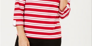 Karen Scott Women's Striped Split Neck Grommet Trim Top Red Size Large