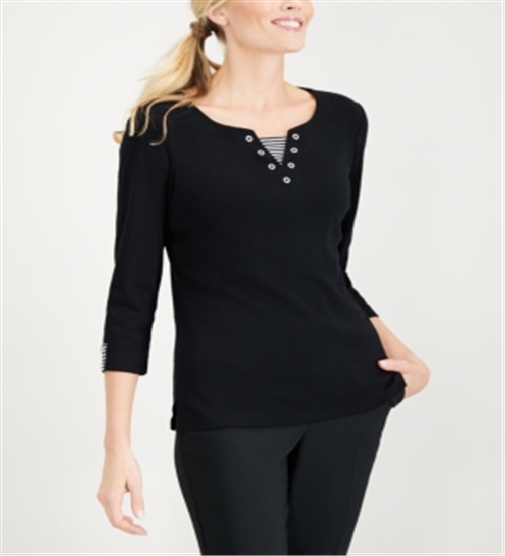 Karen Scott Women's Neck Inset Cotton Grommet Top Black Size Medium