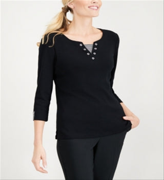 Karen Scott Women's Neck Inset Cotton Grommet Top Black Size Medium