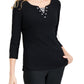 Karen Scott Women's Knit 3/4 Sleeve Split Neck Top Black Size Large