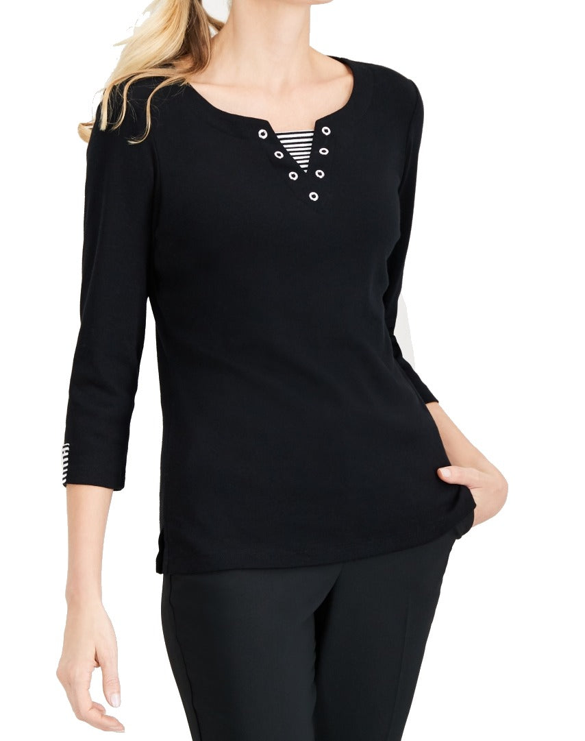 Karen Scott Women's Knit 3/4 Sleeve Split Neck Top Black Size Large