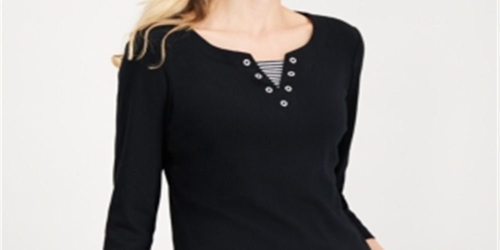 Karen Scott Women's Knit 3/4 Sleeve Split Neck Top Black Size Large