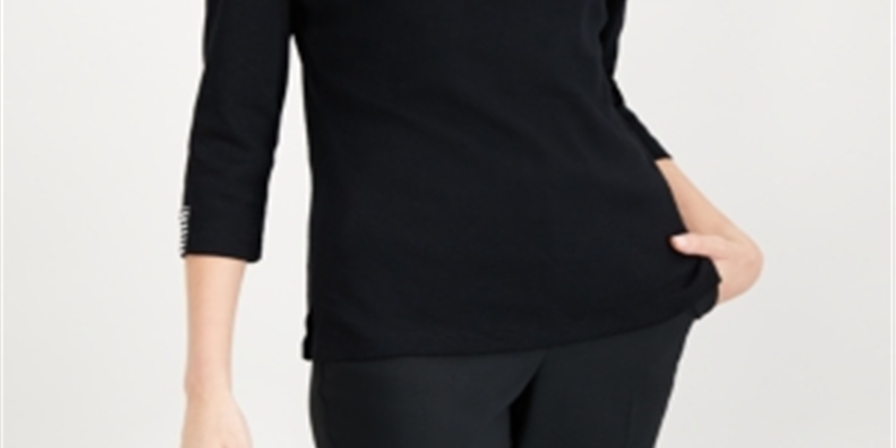 Karen Scott Women's Knit 3/4 Sleeve Split Neck Top Black Size Large