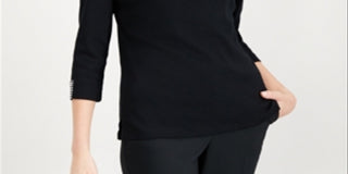 Karen Scott Women's Knit 3/4 Sleeve Split Neck Top Black Size Large