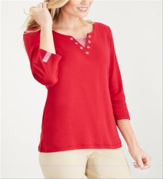 Karen Scott Women's Neck Inset Cotton Grommet Top Red Size Large
