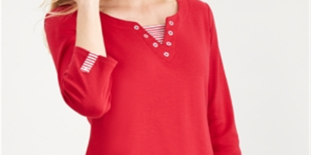 Karen Scott Women's Neck Inset Cotton Grommet Top Red Size Large