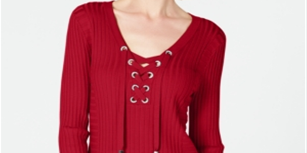 Inc International Concepts Women's Red Tie Solid Long Sleeve Keyhole Sweater Red Size XS