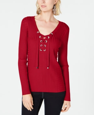 Inc International Concepts Women's Red Tie Solid Long Sleeve Keyhole Sweater Red Size XS