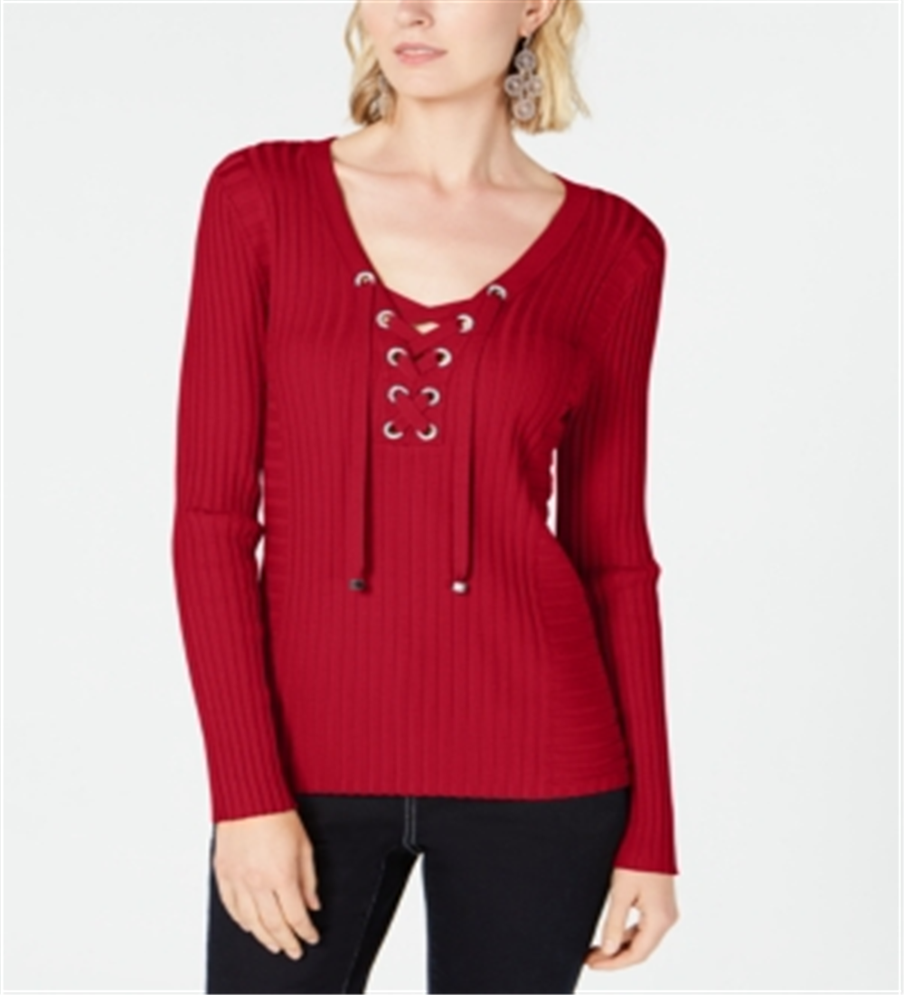 INC International Concepts Women's Ribbed Rhinestone Grommet Long Sleeve V Neck Sweater Red Size Small