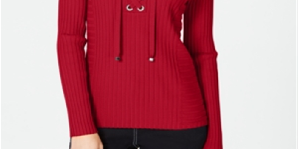 INC International Concepts Women's Ribbed Rhinestone Grommet Long Sleeve V Neck Sweater Red Size Small