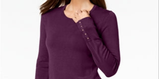 JM Collection Women's Embellished Cuff Sweater Purple Size Petite Medium