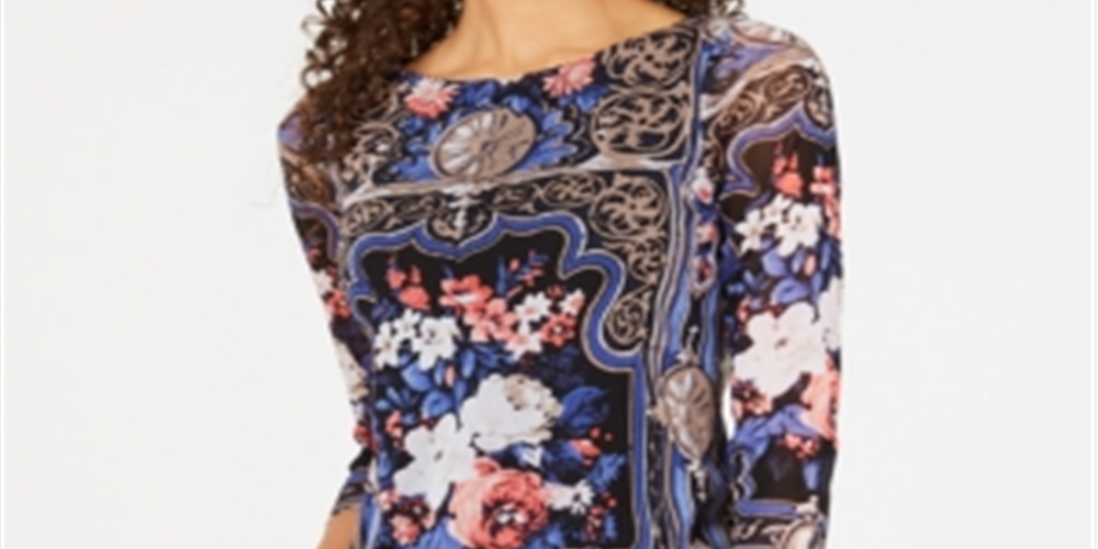 Charter Club Women's Scarf Print Knit Top Black Size Large