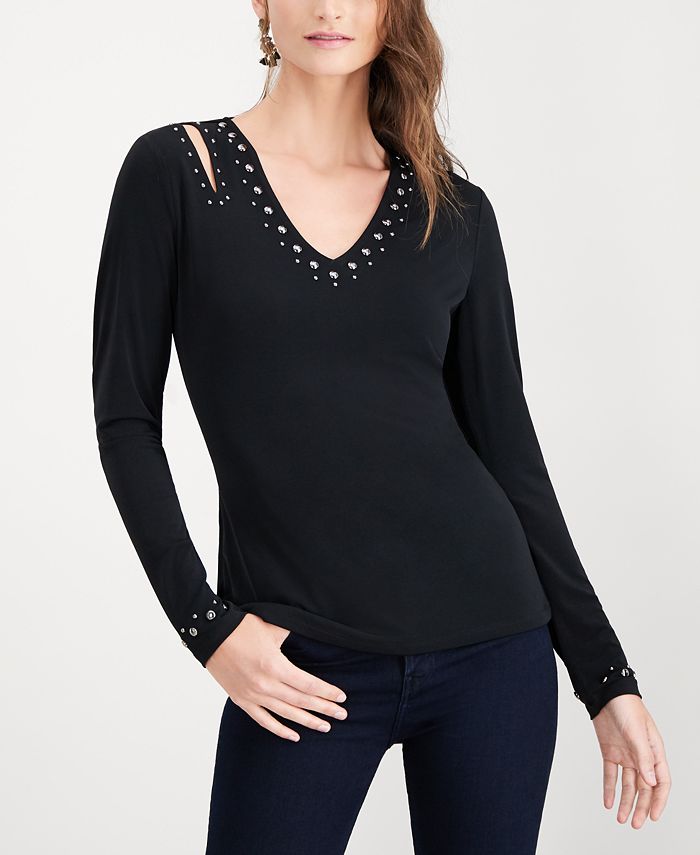 INC International Concepts Women's Embellished Long Sleeve V Neck Top Black Size XX-Large